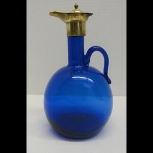 Vintage Cobalt Blue and Brass Gooseneck Decanter Hand Made 8.75" high